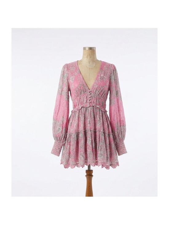 HEMANT & NANDITA Dresses & Skirts - Pink Floral Tiered Long-Sleeve Mini Dress